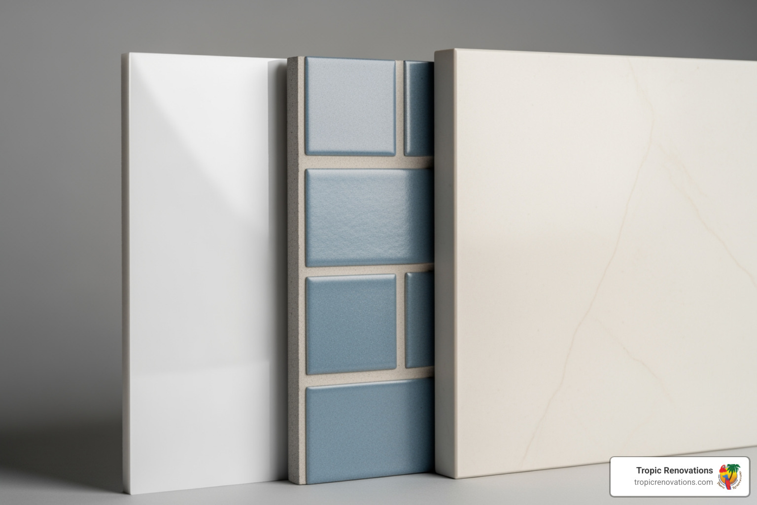 different shower material swatches like acrylic, tile, and solid surface panels - bathtub to shower conversion companies