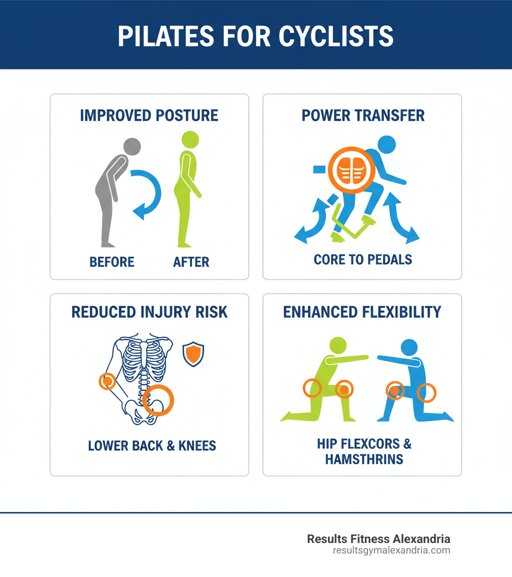 infographic showing benefits of pilates for cyclists including improved posture with before and after cycling position, power transfer from core to pedals with arrows, reduced injury risk highlighting lower back and knees, and enhanced flexibility showing hip flexor and hamstring stretches - pilates for cycling infographic 