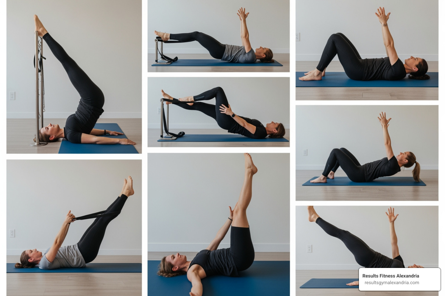 Collage of 6 Pilates exercises for cyclists - pilates for cycling
