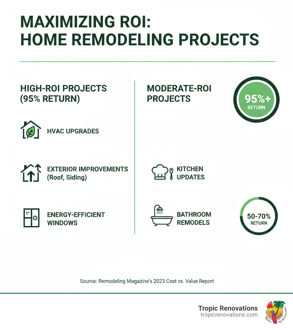 Infographic showing high-ROI projects returning 95% or more of their cost, such as HVAC upgrades, exterior improvements, and energy-efficient windows, compared to moderate-ROI projects like kitchen updates and bathroom remodels. - whole home remodeling infographic 