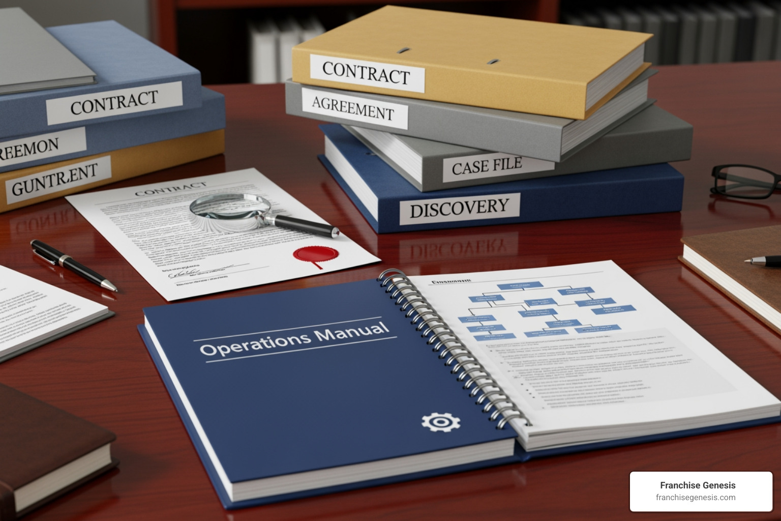 legal documents and an operations manual on a desk - Cost to franchise