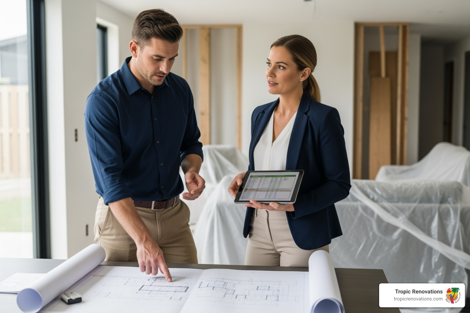 homeowner reviewing blueprints and budget with contractor - whole home remodeling