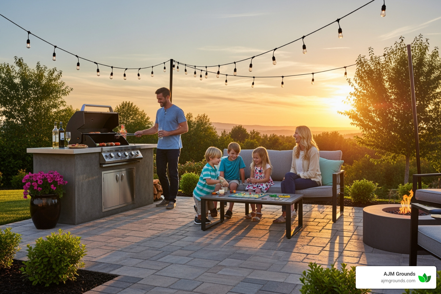 family enjoying their new paver patio at sunset - paver patio installation companies near me