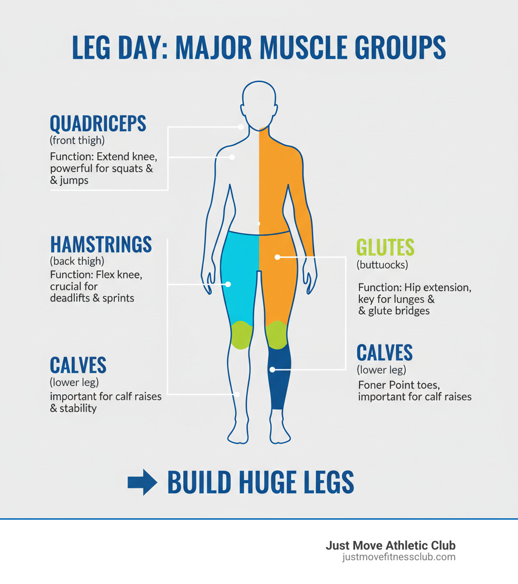 infographic showing the major leg muscle groups with labels for quadriceps (front thigh), hamstrings (back thigh), glutes (buttocks), and calves (lower leg), with brief descriptions of each muscle group's function in leg exercises - huge leg workout infographic 