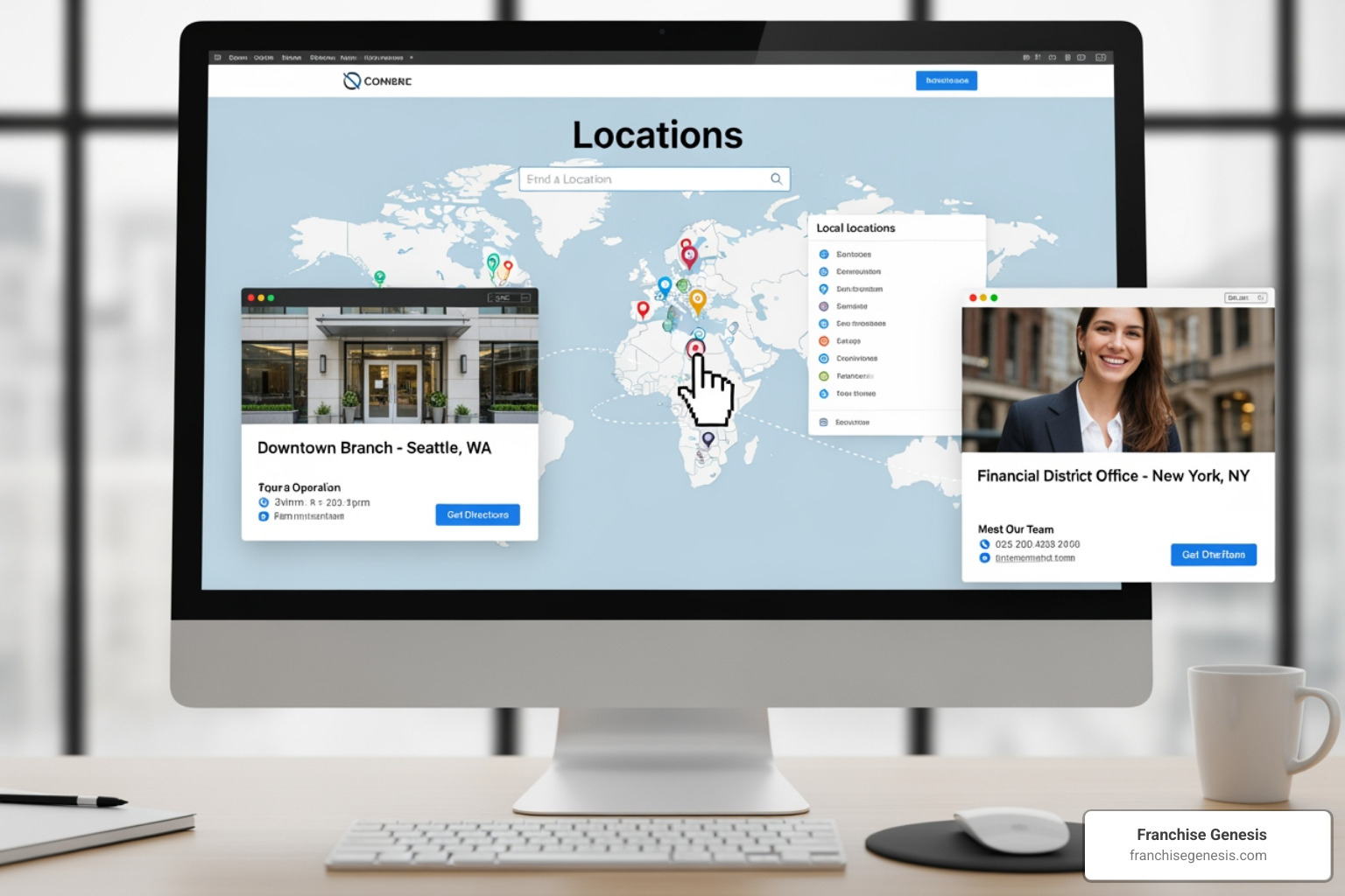 corporate website with a Locations finder leading to individual local pages - Franchise digital marketing