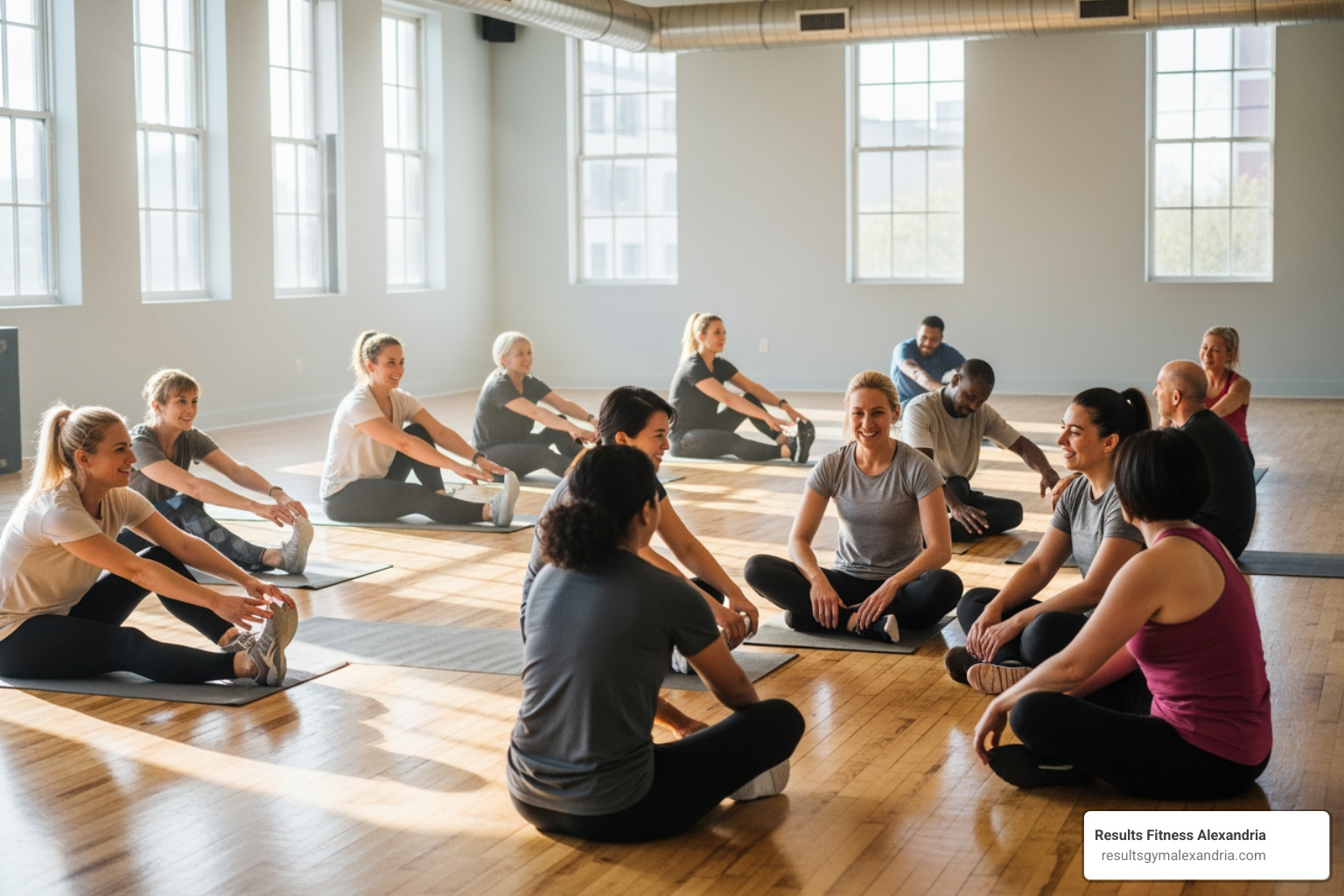 People chatting and stretching after a class - downtown workout classes