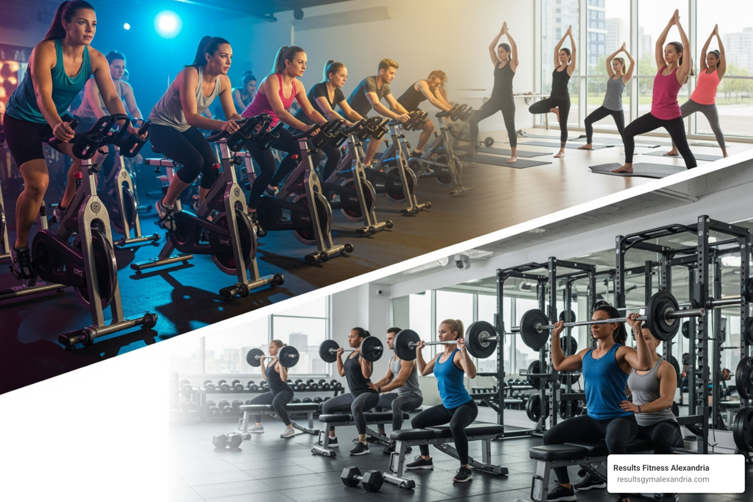 Collage of different class types: cycling, yoga, weights - downtown workout classes