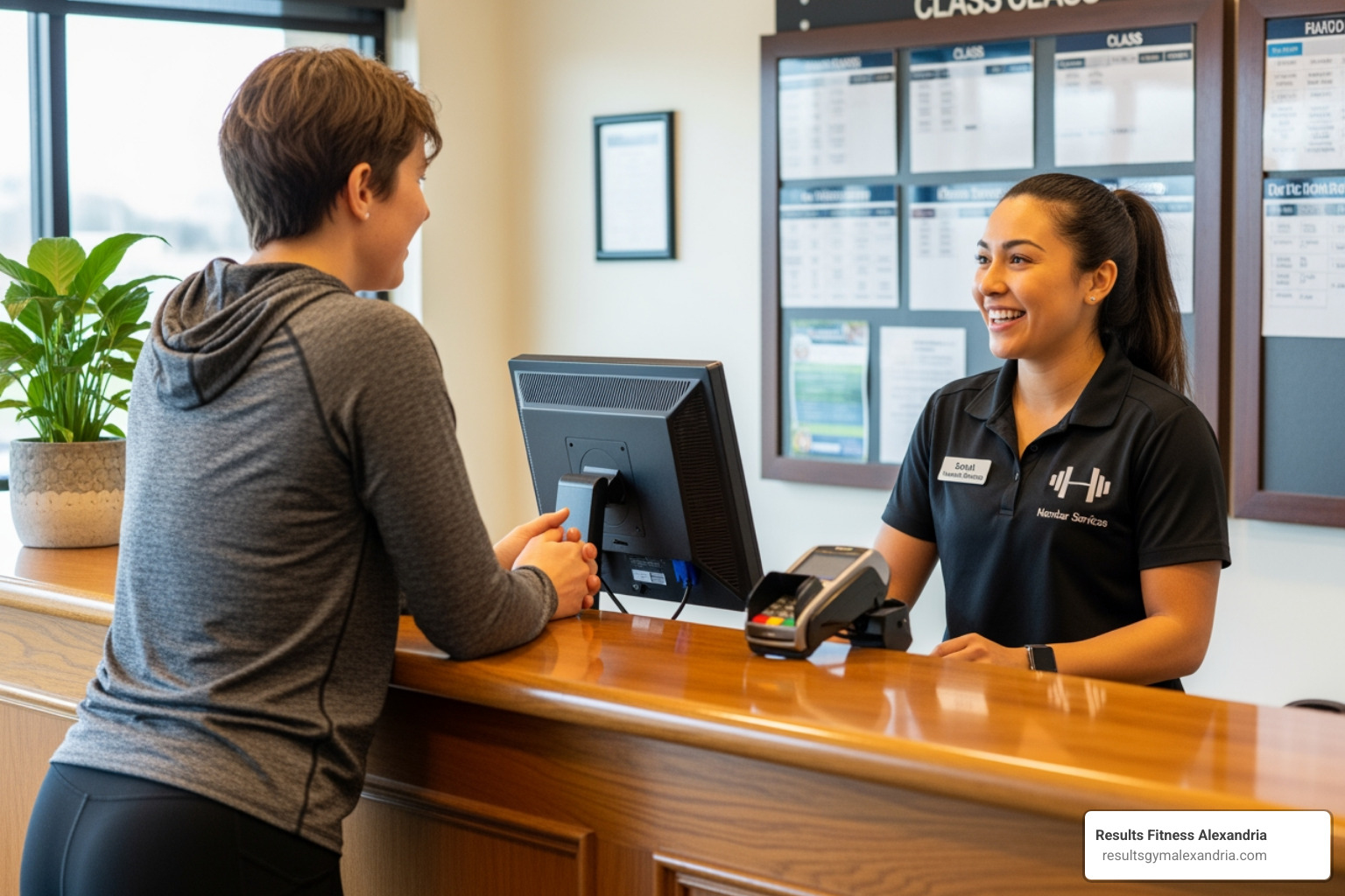 Person talking to a friendly gym staff member at a front desk - downtown workout classes