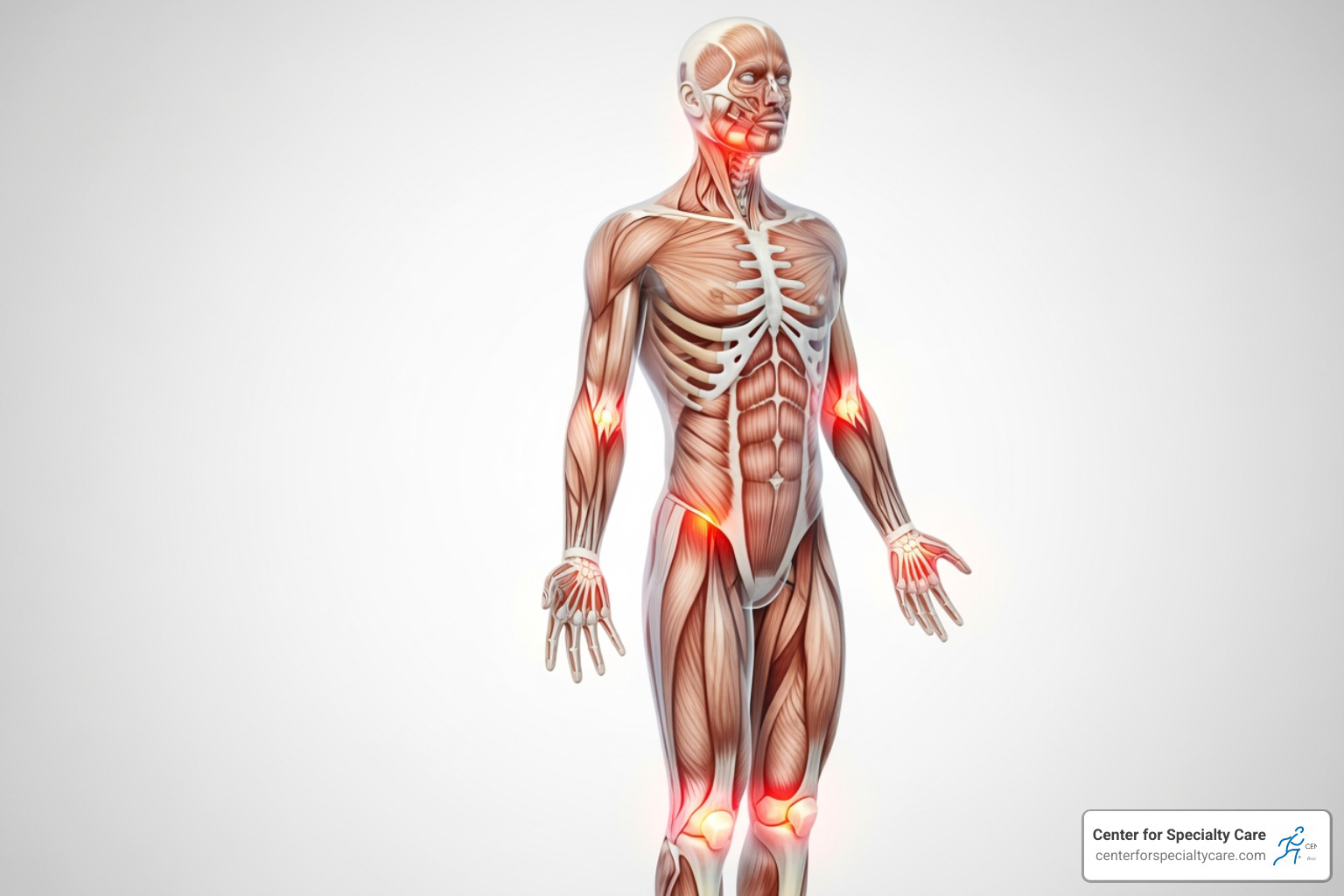 Illustration highlighting common areas of chronic pain, including the lower back, neck, shoulders, and knees, which are frequent reasons for seeking specialized care. - pain management clinic near me