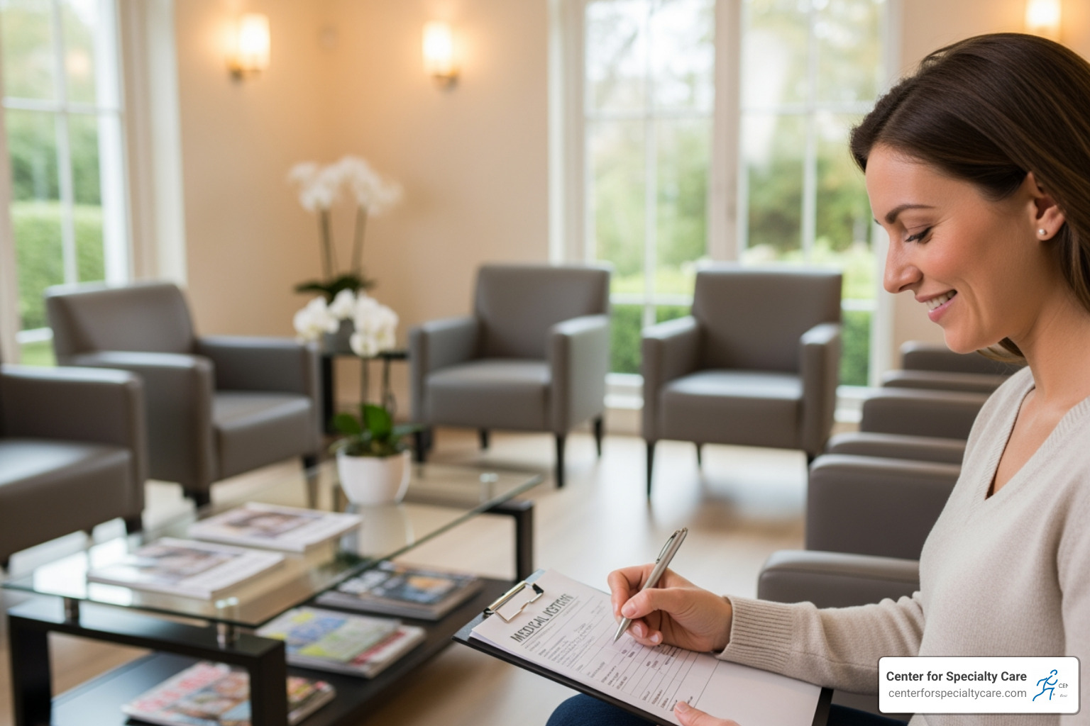 A patient calmly filling out a medical history form in a modern, welcoming waiting room, ready for their first consultation. - pain management clinic near me