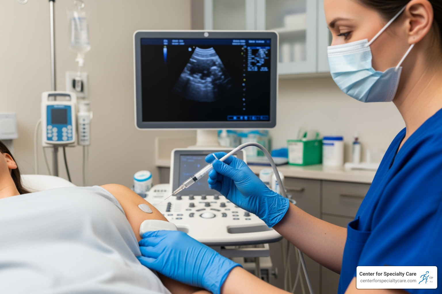 A patient receiving an ultrasound-guided injection in their shoulder, demonstrating a precise and minimally invasive pain management technique. - pain management clinic near me