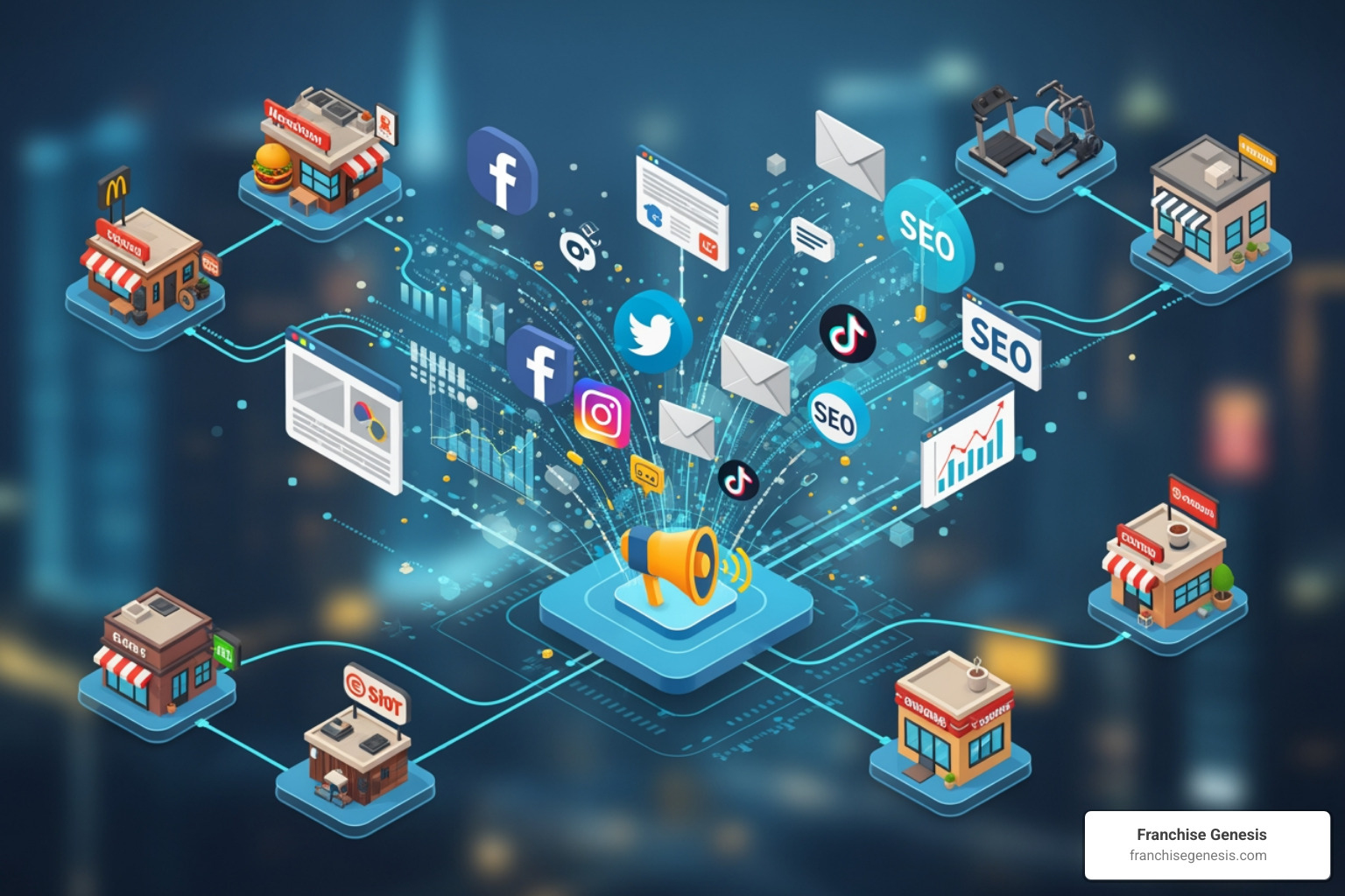 digital marketing strategy wheel including SEO, PPC, Social, Email, and Content - Franchise digital marketing