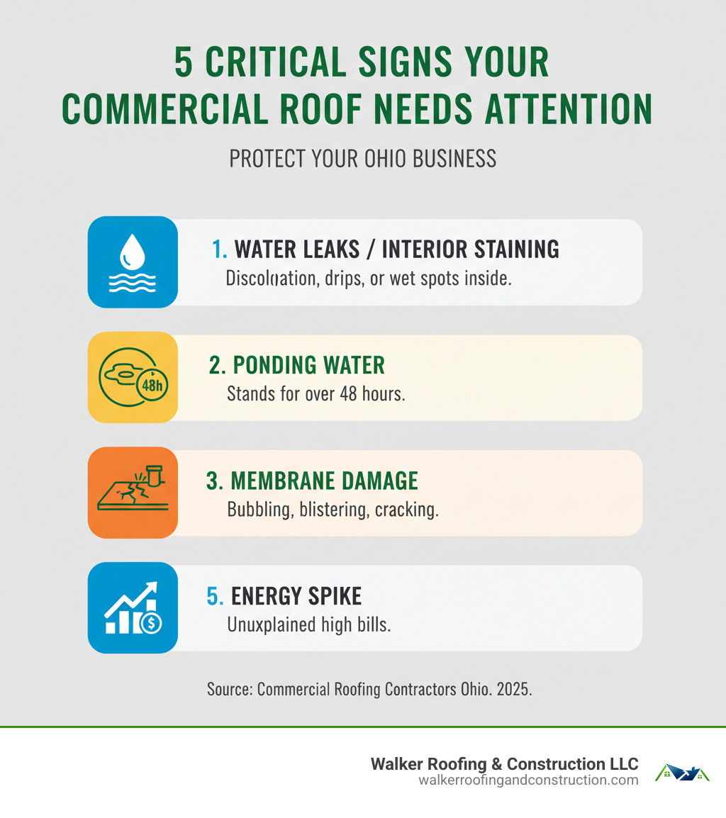 Infographic showing 5 key signs your commercial roof needs immediate attention: 1. Visible water leaks or interior staining, 2. Ponding water that doesn't drain within 48 hours, 3. Bubbling, blistering, or cracking membrane surface, 4. Damaged or missing flashing around roof penetrations, 5. Unexplained spike in monthly energy bills - commercial roofing contractors ohio infographic Infographic showing 5 key signs your commercial roof needs immediate attention: 1. Visible water leaks or interior staining, 2. Ponding water that doesn't drain within 48 hours, 3. Bubbling, blistering, or cracking membrane surface, 4. Damaged or missing flashing around roof penetrations, 5. Unexplained spike in monthly energy bills - commercial roofing contractors ohio infographic