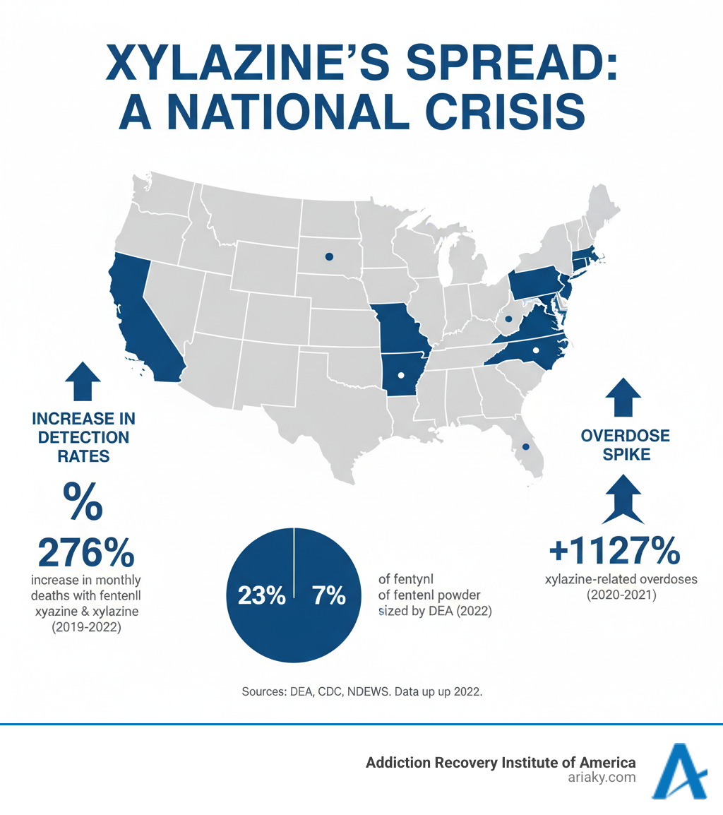 map showing xylazine prevalence by state and increase in detection rates - tranq infographic map showing xylazine prevalence by state and increase in detection rates - tranq infographic