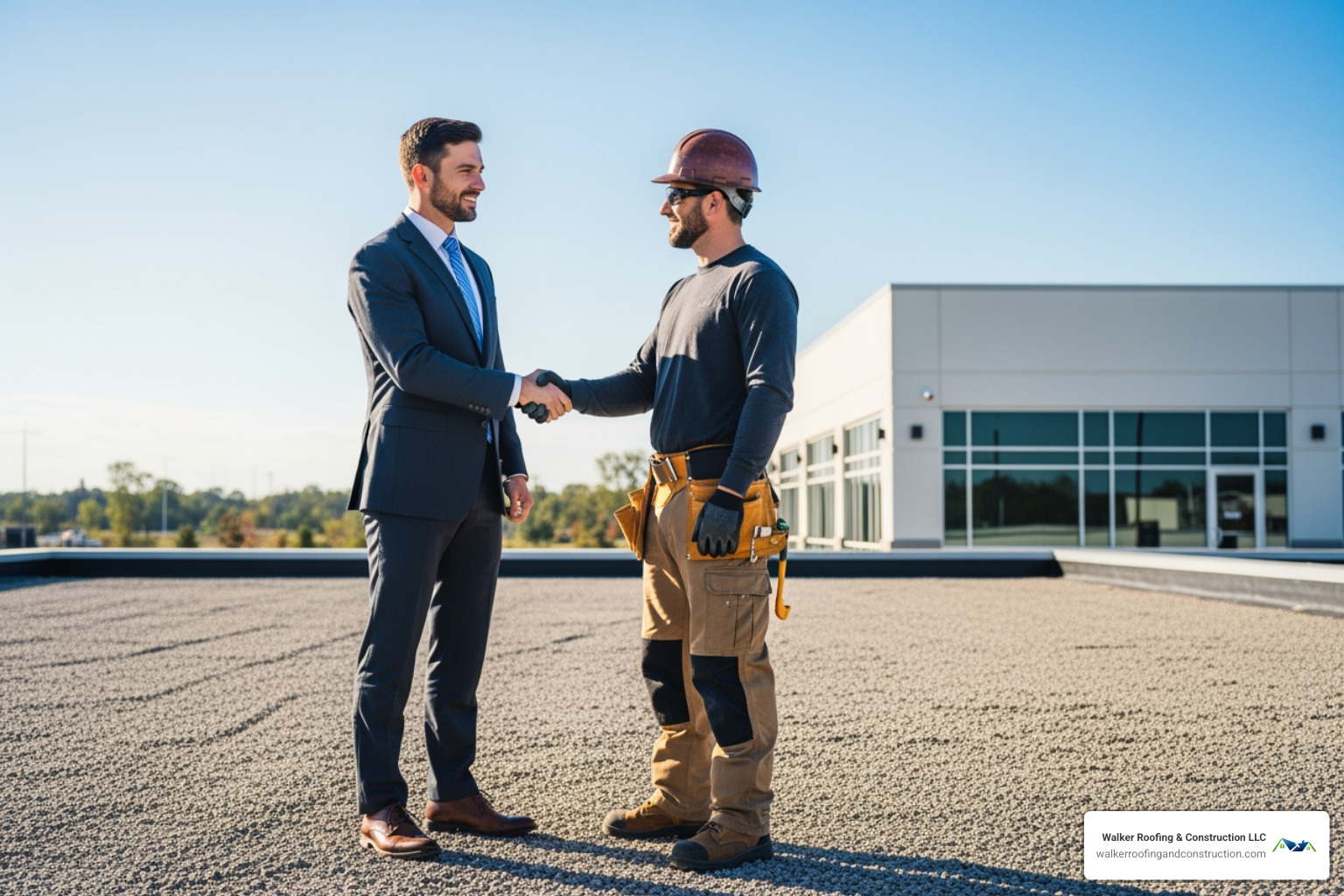 business owner shaking hands with a roofer in front of a completed project - commercial roofing contractors ohio business owner shaking hands with a roofer in front of a completed project - commercial roofing contractors ohio