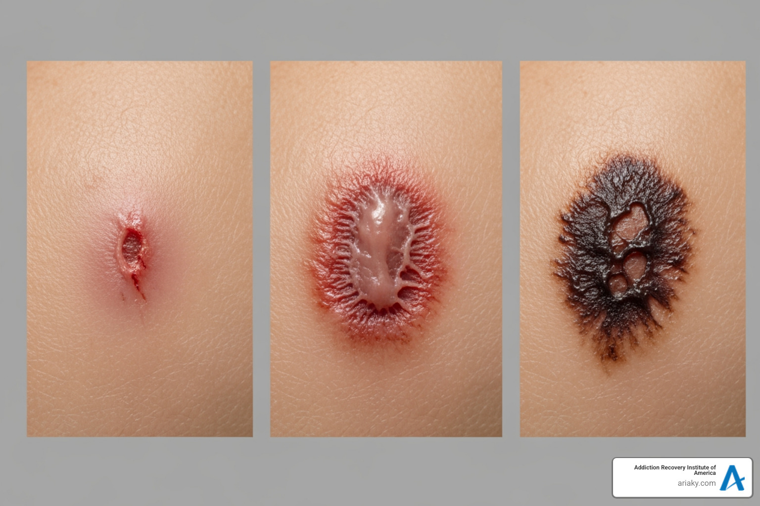 graphic illustrating the progression of skin wounds from minor lesions to necrosis - tranq graphic illustrating the progression of skin wounds from minor lesions to necrosis - tranq