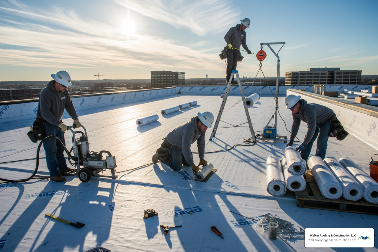 roofing crew working on a large commercial roof installation - commercial roofing contractors ohio roofing crew working on a large commercial roof installation - commercial roofing contractors ohio