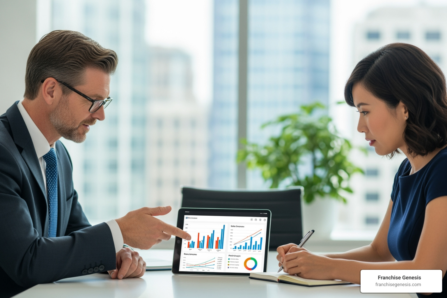 Consultant and franchisee looking at a tablet with performance data - Franchise data analytics