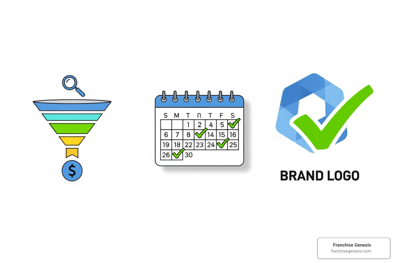 Illustration of a sales funnel for Sales Velocity, a calendar/checklist for Location Readiness, and a brand logo with a checkmark for Operational Compliance - Franchise data analytics