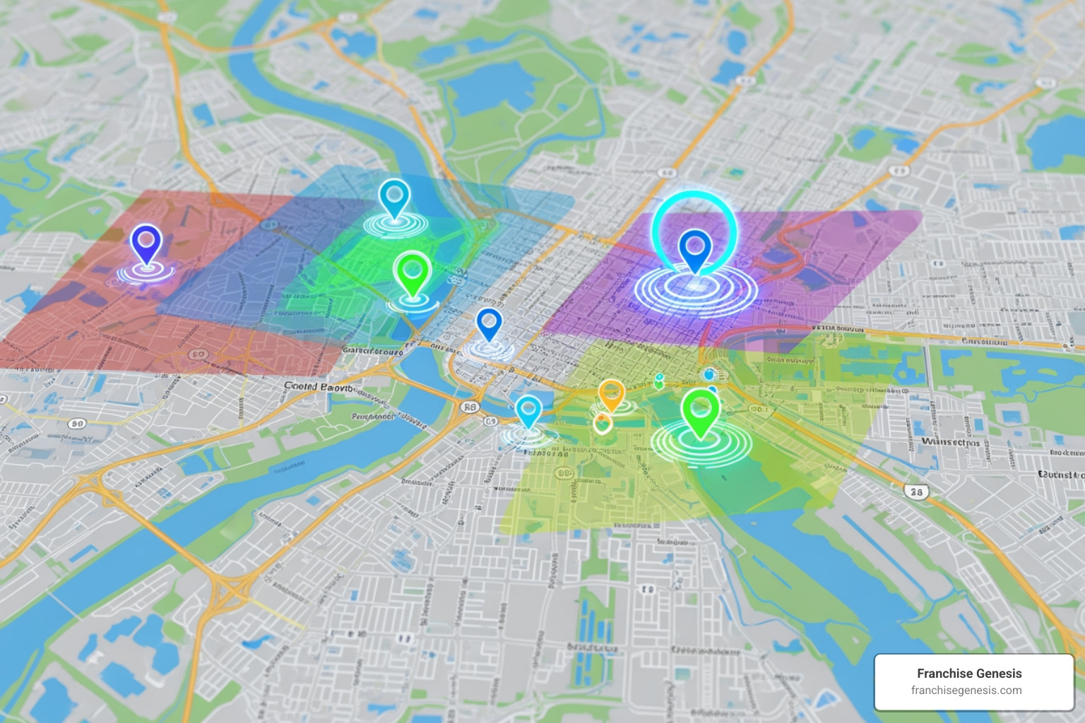 Map with data overlays showing predictive site selection analysis - Franchise data analytics