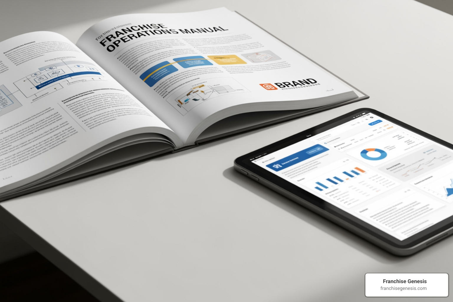 franchise operations manual and digital tablet side-by-side - franchise onboarding process