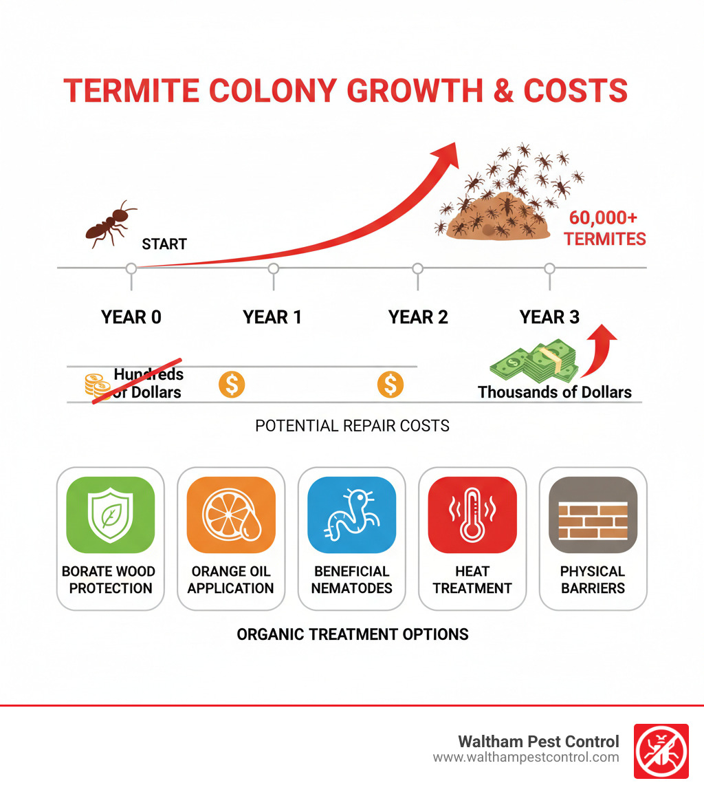 infographic showing termite colony growth from 60,000 termites in 3 years and potential repair costs escalating from hundreds to thousands of dollars, alongside organic treatment options including borate wood protection, orange oil application, beneficial nematodes, heat treatment, and physical barriers - organic termite control near me infographic 