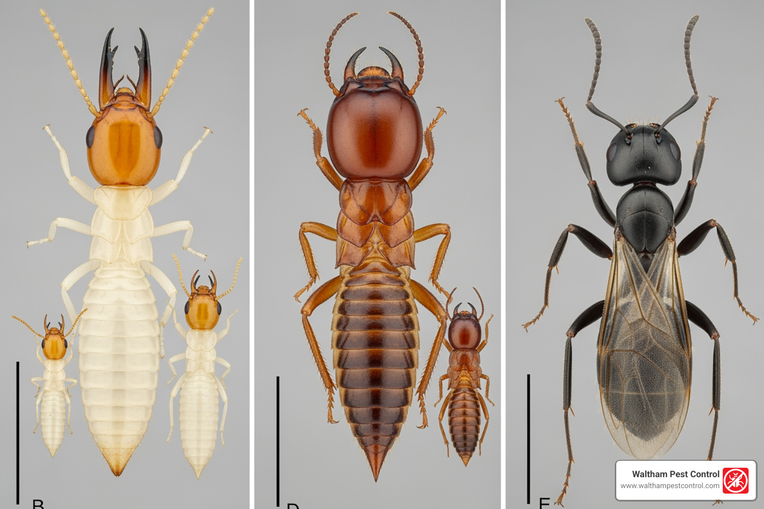 Subterranean termite, Drywood termite, and Carpenter Ant comparison - organic termite control near me
