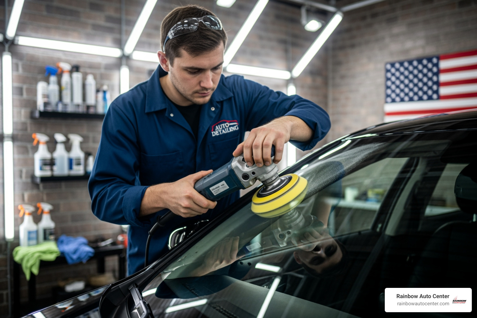 professional technician polishing a car windscreen - windscreen scratch removal near me