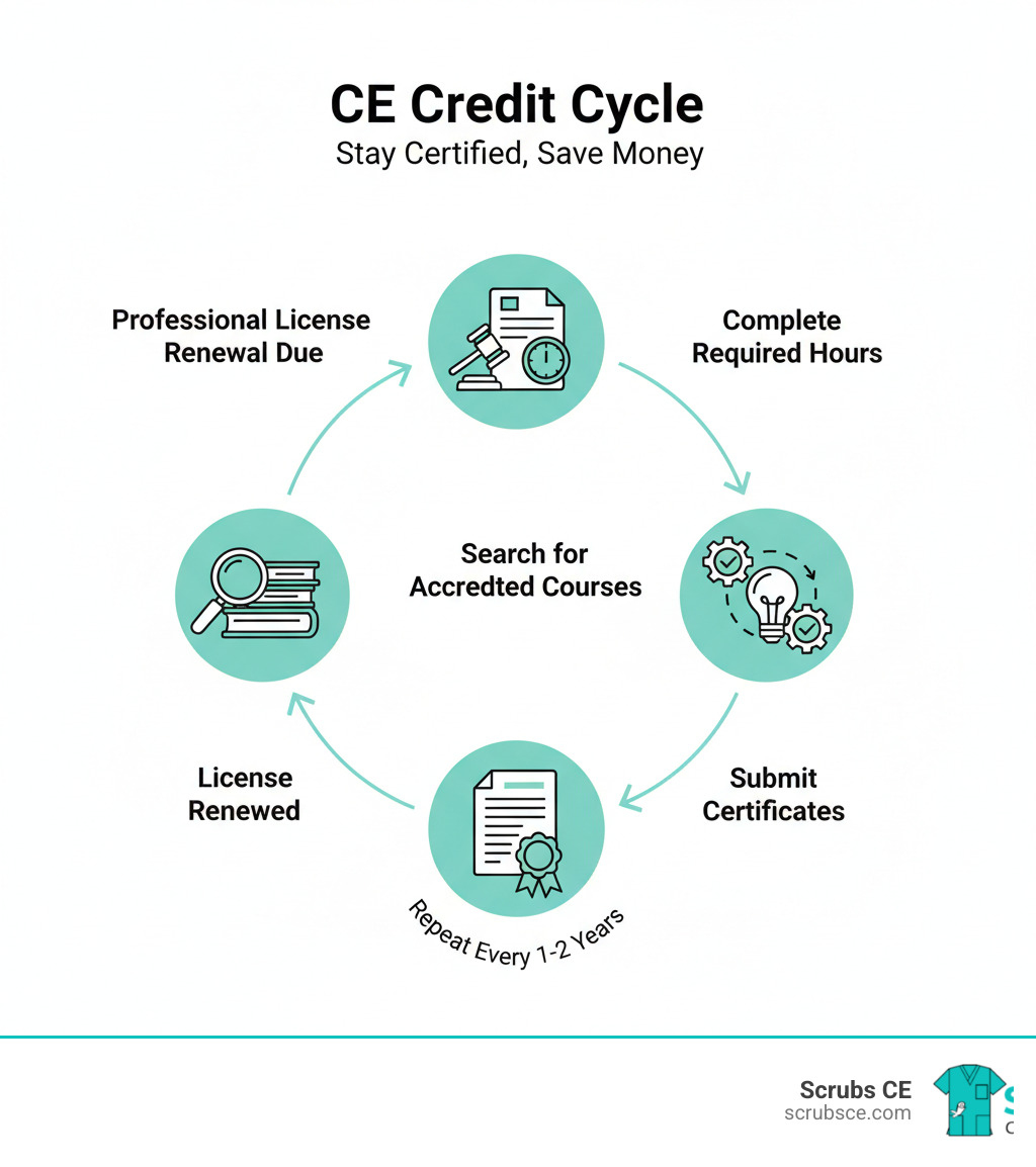 infographic showing the CE credit cycle: Professional License Renewal Due → Search for Accredited Courses → Complete Required Hours → Submit Certificates → License Renewed → Repeat Every 1-2 Years - Affordable CE credits infographic 