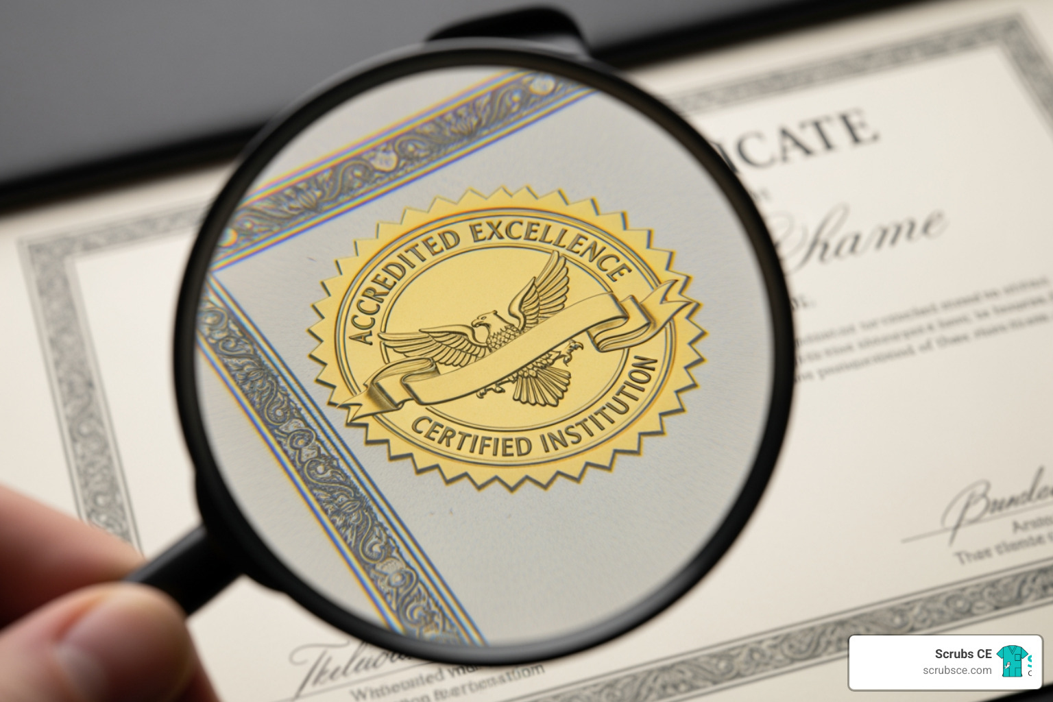 magnifying glass over a certificate showing an accreditation seal - Affordable CE credits