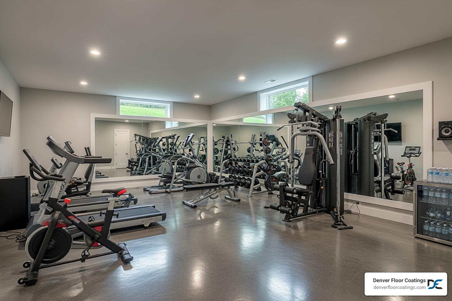 basement home gym with coated concrete floor - finished basement polished concrete
