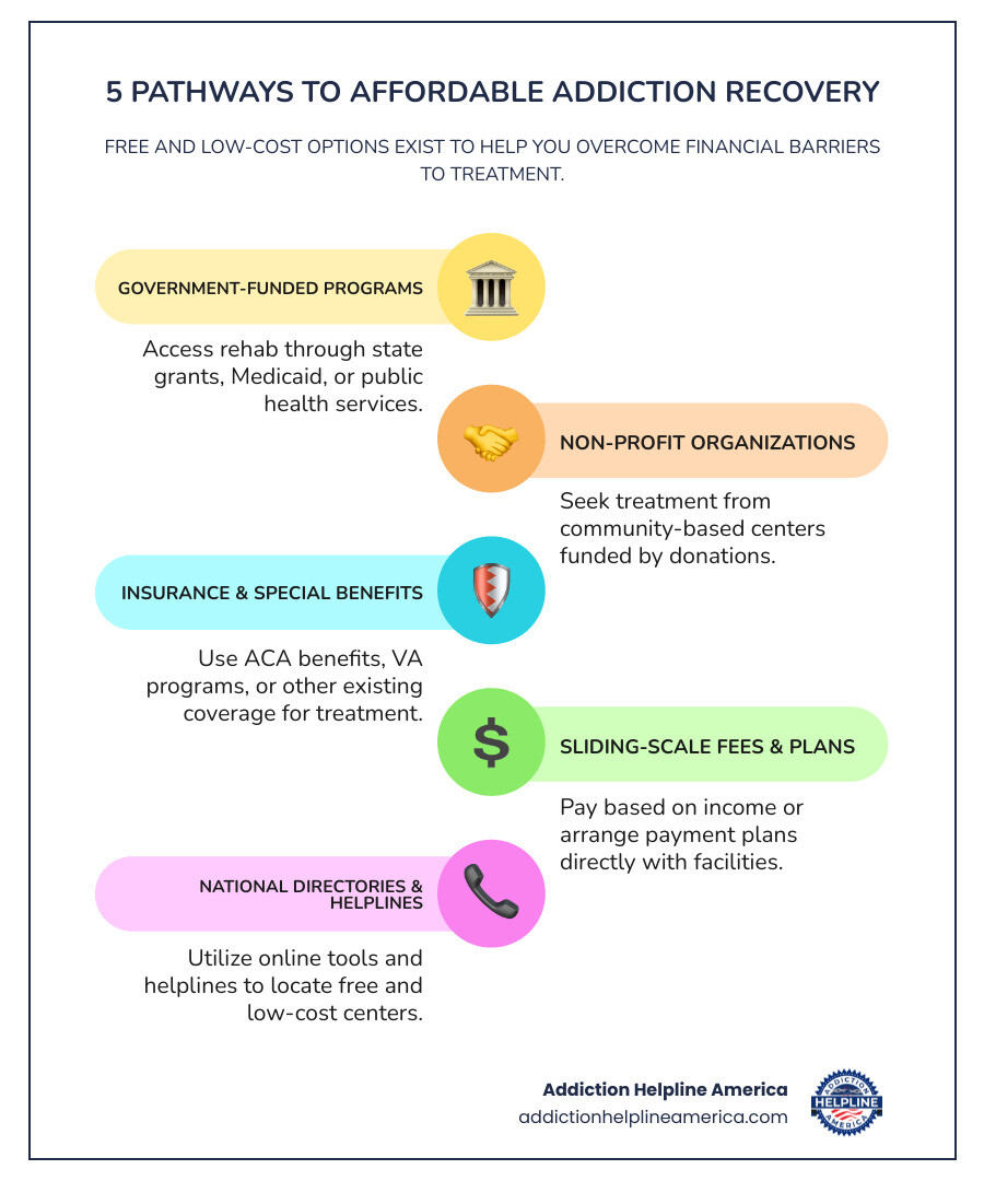 infographic showing five pathways to free drug rehab: government-funded programs with state buildings icon, non-profit organizations with helping hands icon, insurance benefits with coverage shield icon, sliding-scale fees with adjustable price tag icon, and national directories with phone and computer icons - are there any free drug rehab centers infographic infographic-line-5-steps-colors infographic showing five pathways to free drug rehab: government-funded programs with state buildings icon, non-profit organizations with helping hands icon, insurance benefits with coverage shield icon, sliding-scale fees with adjustable price tag icon, and national directories with phone and computer icons - are there any free drug rehab centers infographic infographic-line-5-steps-colors