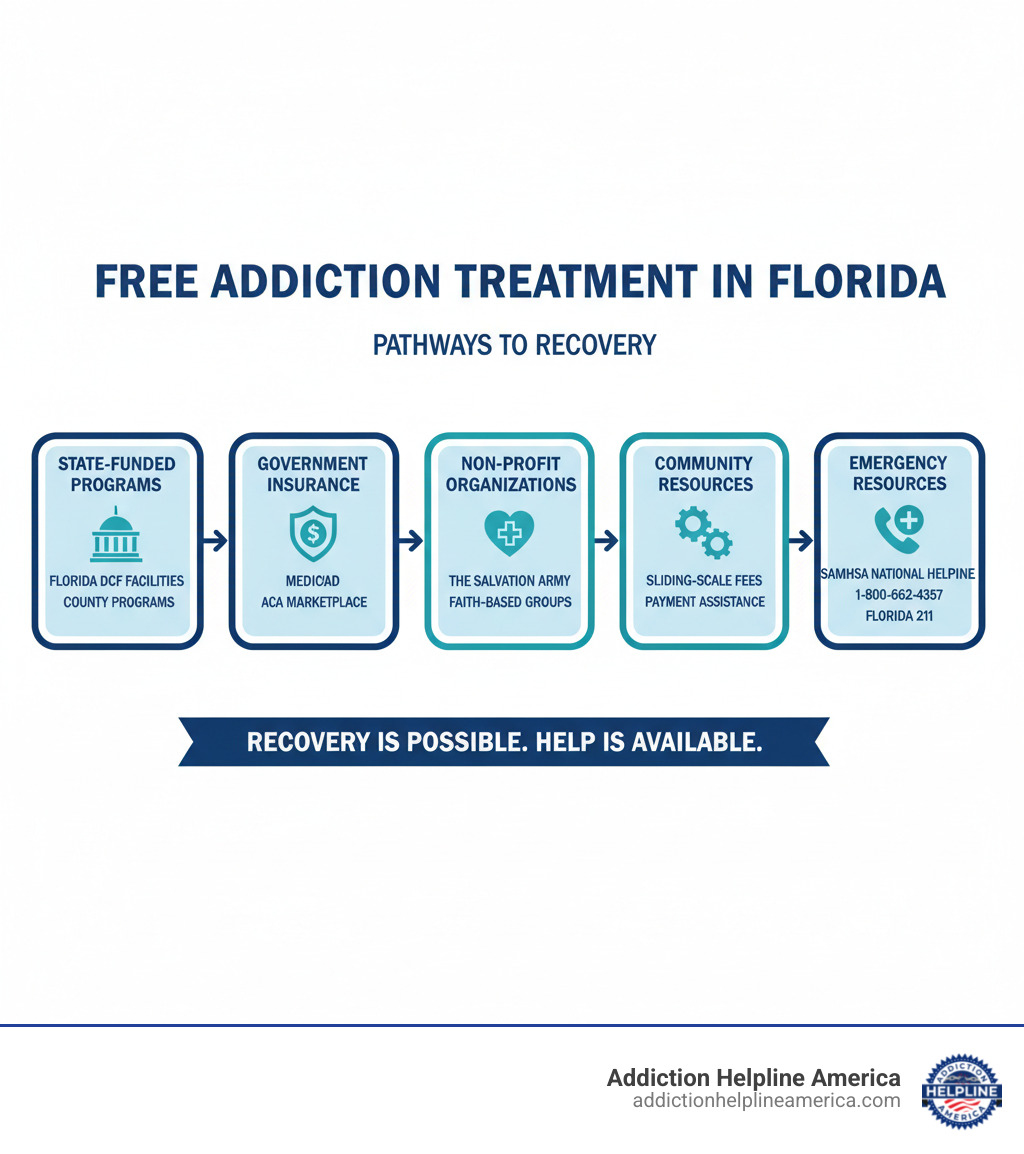 Infographic showing pathways to free addiction treatment in Florida: State-Funded Programs (Florida DCF facilities, county programs), Government Insurance (Medicaid, Medicare, ACA marketplace), Non-Profit Organizations (The Salvation Army, faith-based groups), Community Resources (sliding-scale fees, payment assistance), and Emergency Resources (SAMHSA National Helpline 1-800-662-4357, Florida 211) - are there any free drug rehab centers in florida infographic 
