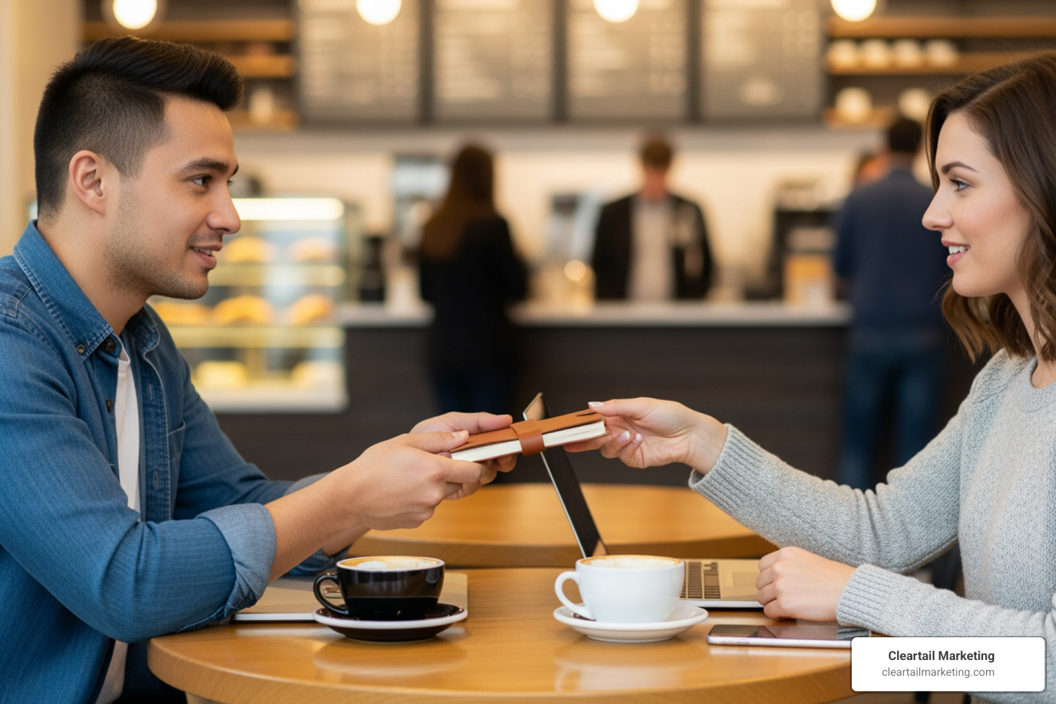 TWO PEOPLE MEETING AT A COFFEE SHOP TO EXCHANGE AN ITEM BOUGHT THROUGH A CLASSIFIED AD - CLASSIFIED ADVERTISING WEBSITE