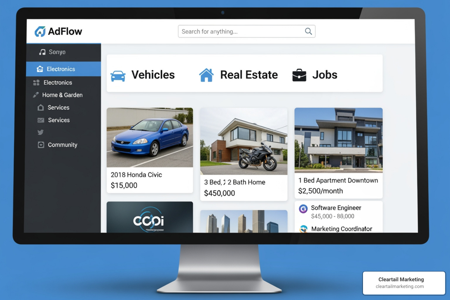 KIJIJI HOMEPAGE SHOWING VARIOUS CATEGORIES LIKE CARS, REAL ESTATE, AND JOBS - CLASSIFIED ADVERTISING WEBSITE