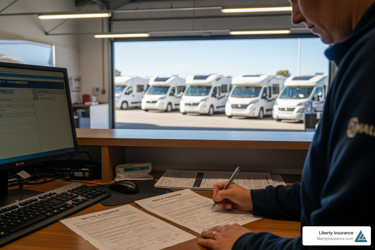 Person signing a rental agreement at a campervan depot - rental campervan insurance Person signing a rental agreement at a campervan depot - rental campervan insurance