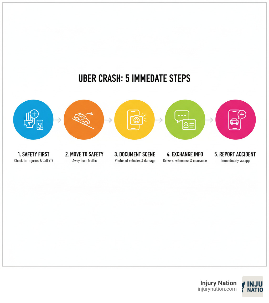 Infographic showing 5 immediate steps after an Uber crash: 1. Safety first - check for injuries and call 911 if needed, 2. Move to a safe location away from traffic, 3. Document the scene with photos of all vehicles and damage, 4. Exchange information with all drivers and witnesses, 5. Report the accident through the Uber app immediately - if your uber crashes infographic 