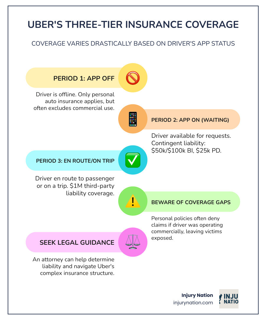 Infographic showing Uber's three-tier insurance coverage system: $0 coverage when app is off and driver uses personal insurance; $50,000/$100,000 bodily injury and $25,000 property damage when app is on but waiting for a request; and $1,000,000 third-party liability coverage when driver is en route to pickup or has a passenger in the vehicle - Uber accident case infographic infographic-line-5-steps-colors