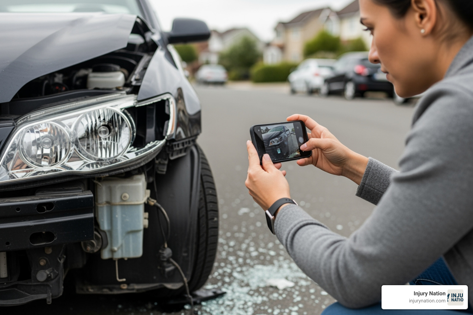 A person taking a photo of a damaged car with their smartphone - ride share negligence lawyer