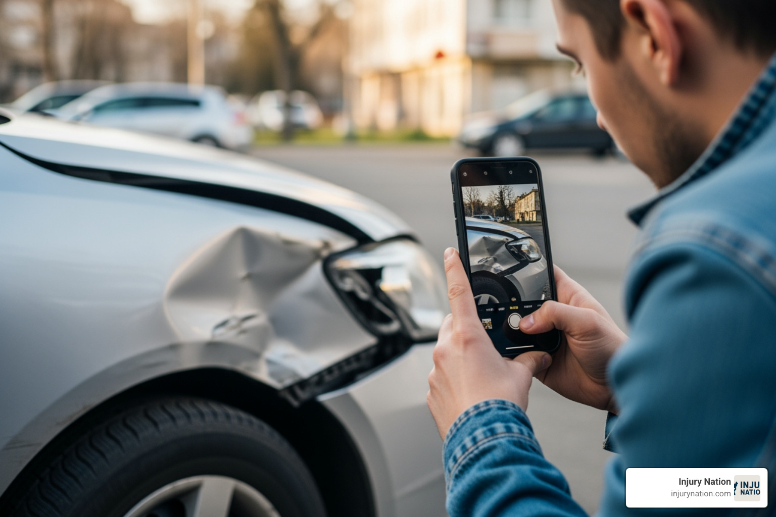 person taking photos of car damage with smartphone - uber driver accident