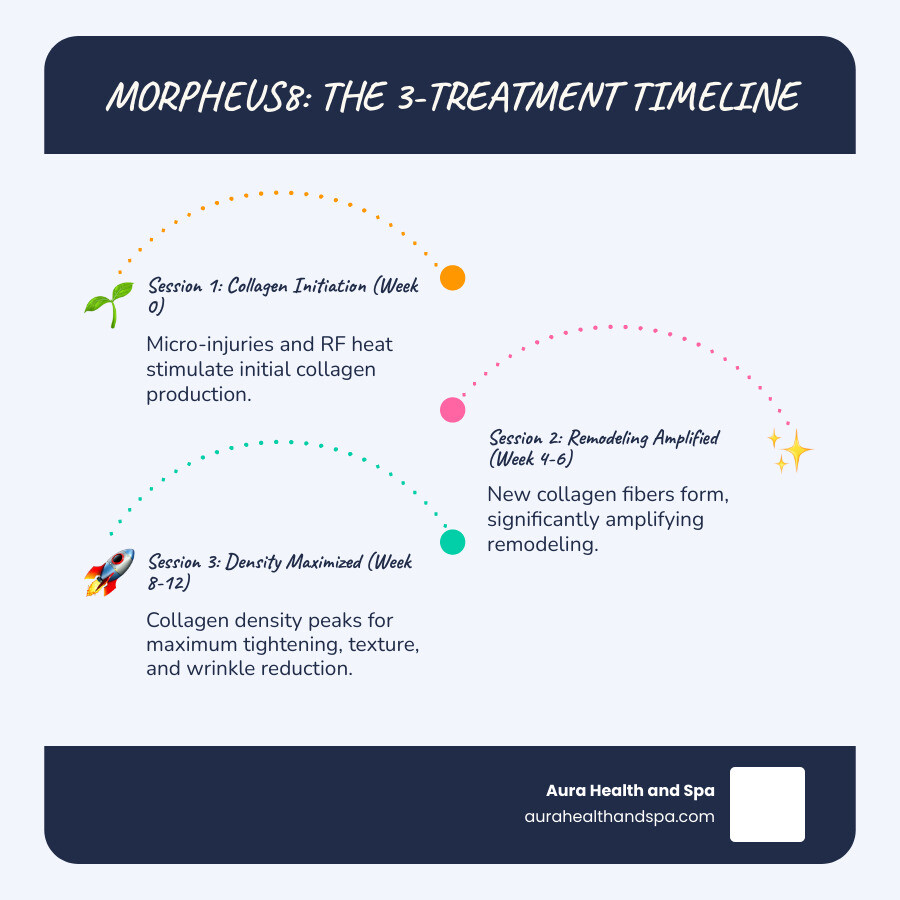 Infographic showing the progressive improvement timeline of Morpheus8 treatments: Treatment 1 at Week 0 initiates collagen production with micro-injuries and RF heat; Treatment 2 at Week 4-6 amplifies collagen remodeling as new fibers form; Treatment 3 at Week 8-12 maximizes collagen density; Peak visible results appear at Week 18-24 with continued improvement for up to 6 months, showing cumulative tightening, texture refinement, and wrinkle reduction across all three phases - morpheus8 before and after 3 treatments infographic infographic-line-3-steps-blues-accent_colors