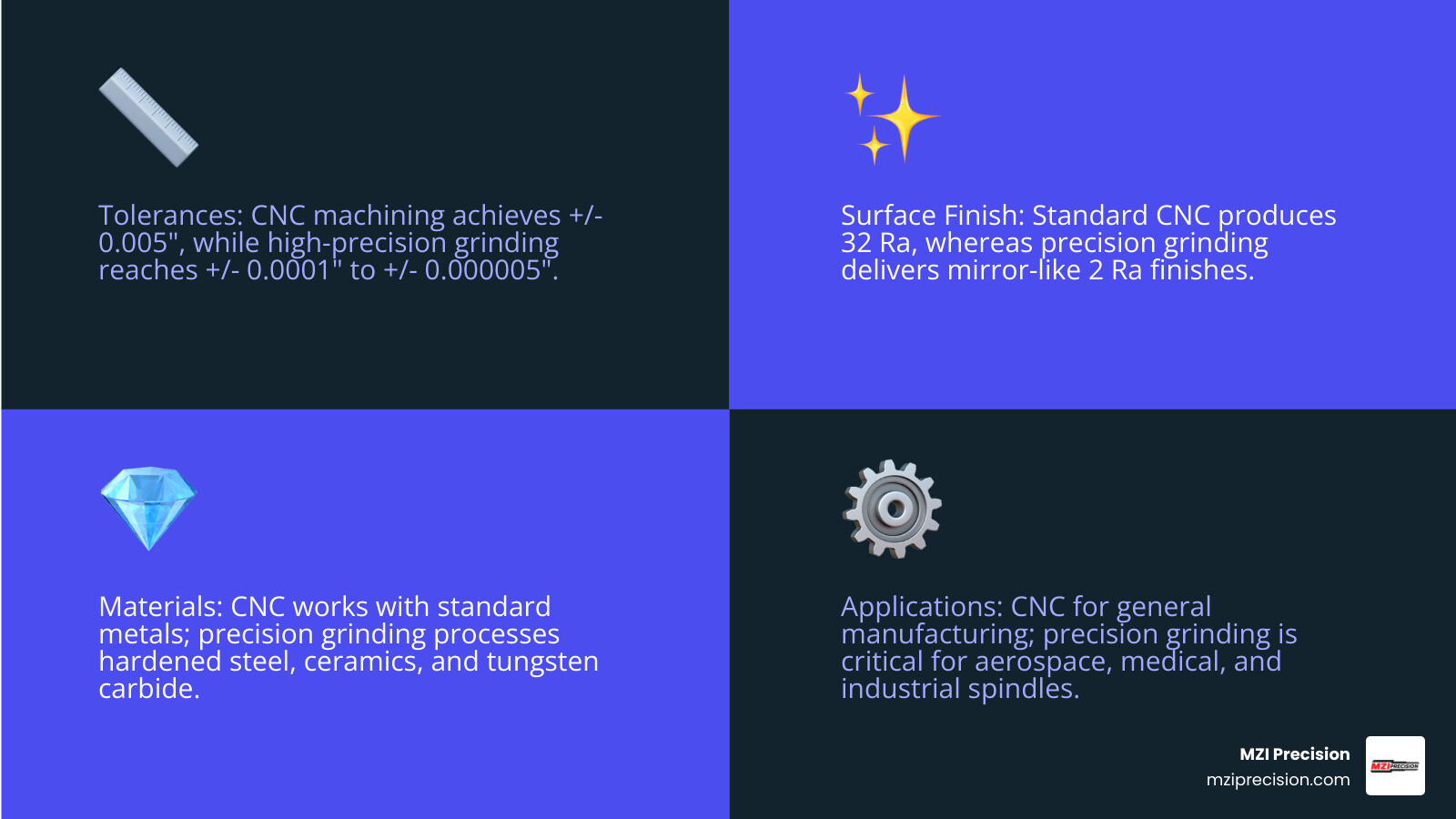 INFOGRAPHIC COMPARING CONVENTIONAL CNC MACHINING VERSUS HIGH-PRECISION GRINDING SHOWING TOLERANCE RANGES OF +/- 0.005 INCHES VERSUS +/- 0.0001 INCHES, SURFACE FINISH QUALITY OF 32 RA VERSUS 2 RA MIRROR FINISH, MATERIAL CAPABILITIES SHOWING STANDARD METALS VERSUS HARDENED AND BRITTLE MATERIALS, AND TYPICAL APPLICATIONS IN GENERAL MANUFACTURING VERSUS AEROSPACE MEDICAL AND PRECISION SPINDLE COMPONENTS - HIGH PRECISION GRINDING INFOGRAPHIC 4_FACTS_EMOJI_BLUE INFOGRAPHIC COMPARING CONVENTIONAL CNC MACHINING VERSUS HIGH-PRECISION GRINDING SHOWING TOLERANCE RANGES OF +/- 0.005 INCHES VERSUS +/- 0.0001 INCHES, SURFACE FINISH QUALITY OF 32 RA VERSUS 2 RA MIRROR FINISH, MATERIAL CAPABILITIES SHOWING STANDARD METALS VERSUS HARDENED AND BRITTLE MATERIALS, AND TYPICAL APPLICATIONS IN GENERAL MANUFACTURING VERSUS AEROSPACE MEDICAL AND PRECISION SPINDLE COMPONENTS - HIGH PRECISION GRINDING INFOGRAPHIC 4_FACTS_EMOJI_BLUE