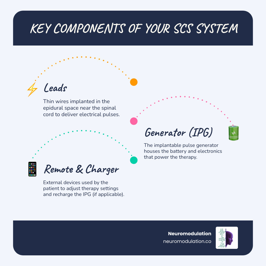 Comprehensive infographic showing SCS system components: leads placed in epidural space connecting to IPG generator in lower back/abdomen, external remote control, and for rechargeable systems an external charging unit. Diagram includes labels for battery location within IPG, typical placement depth, and comparison of rechargeable vs non-rechargeable generator sizes - spinal cord stimulator battery infographic infographic-line-3-steps-blues-accent_colors