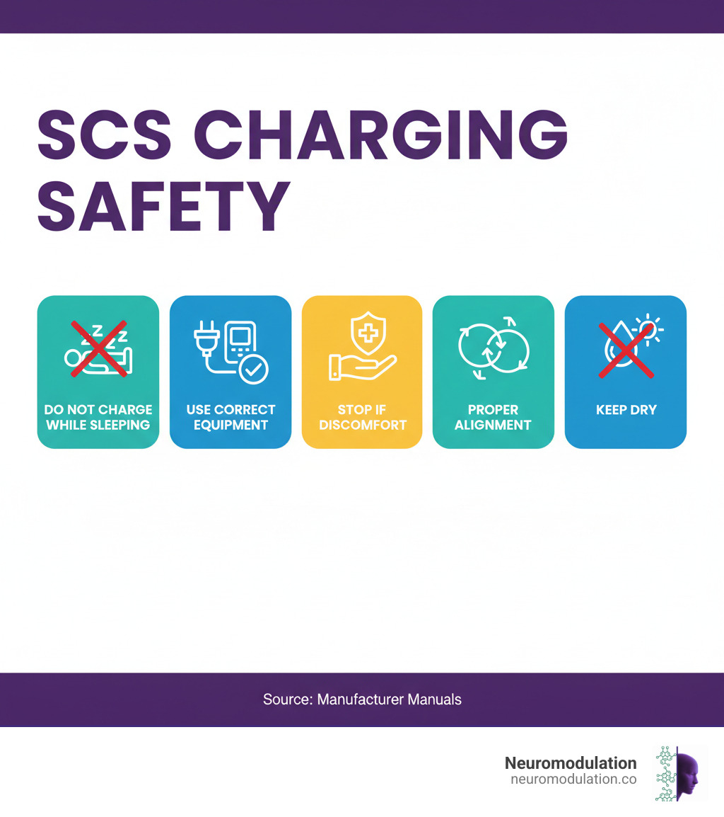 Infographic on SCS charging safety: Do not charge while sleeping, use correct equipment, stop if discomfort, proper alignment, keep dry - spinal cord stimulator battery infographic 