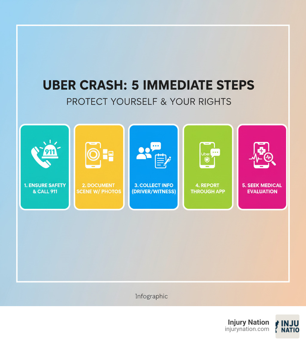 infographic showing the 5 immediate steps after an uber crash: 1. ensure safety and call 911, 2. document the scene with photos, 3. collect driver and witness information, 4. report to uber through the app, 5. seek medical evaluation - car accident in an uber infographic 
