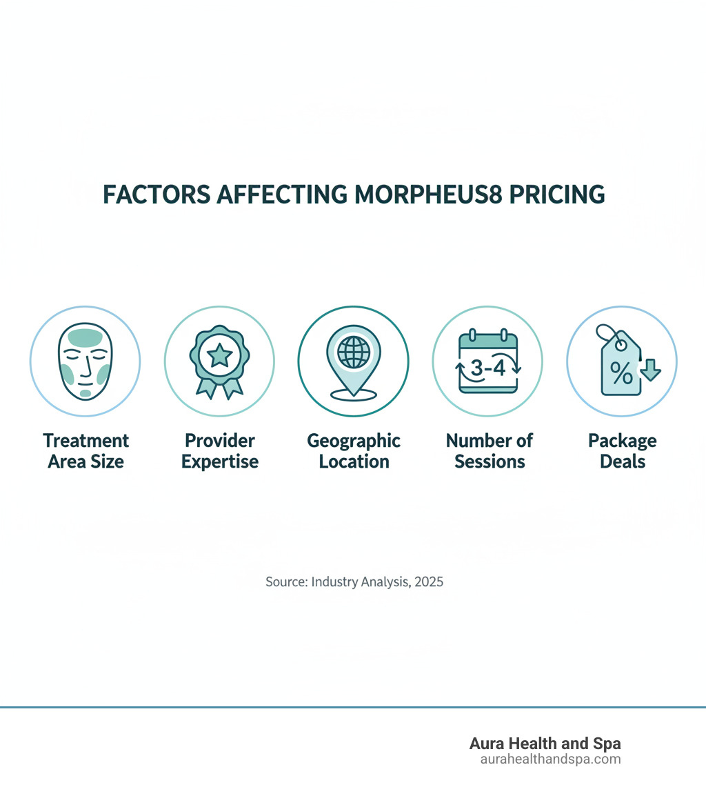 infographic showing five factors affecting Morpheus8 pricing: Treatment Area size with icon of face zones, Provider Expertise with certification badge, Geographic Location with map pin, Number of Sessions with calendar showing 3-4 visits, and Package Deals with discount tag - how much is morpheus8 treatments infographic 