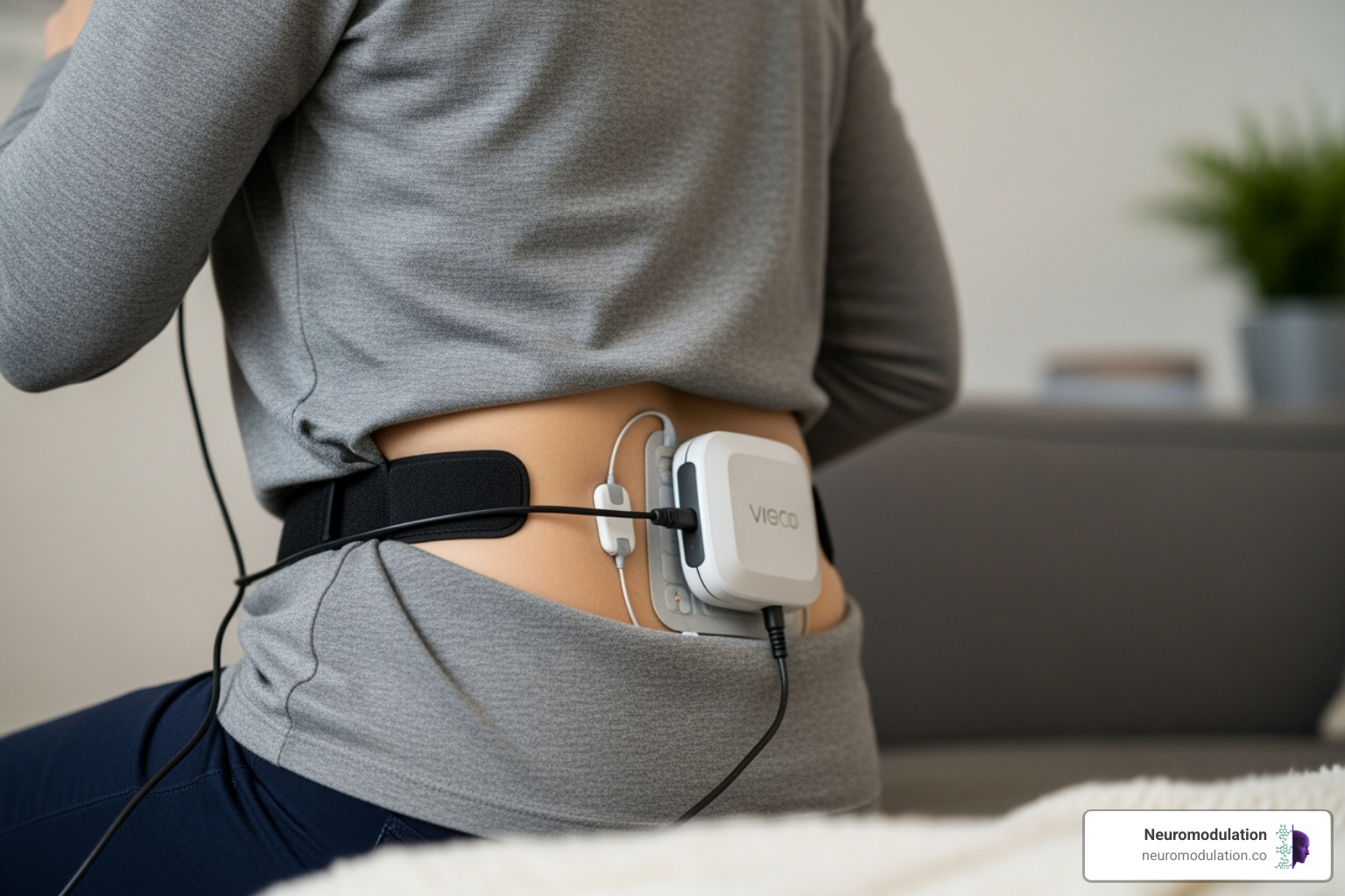 A patient using an external charger over their implant site, showing proper placement and the external unit attached to a belt or adhesive - spinal cord stimulator battery