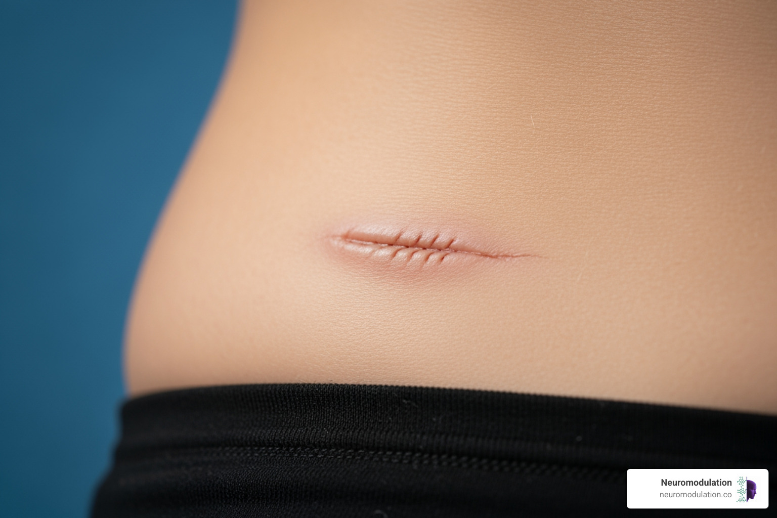 Small incision for a generator replacement surgery, typically located where the original device was implanted - spinal cord stimulator battery