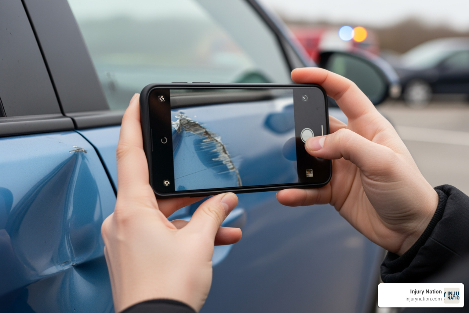 person taking pictures of car damage - car accident in an uber