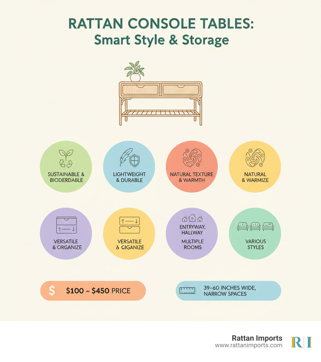 Infographic showing the benefits of rattan console tables with storage: sustainable material that grows quickly and is biodegradable, lightweight yet durable construction, natural texture adds warmth to any space, versatile storage with drawers and shelves for organization, works in multiple rooms including entryways, living rooms, and hallways, available in various styles from boho to coastal to farmhouse, typical dimensions of 39-60 inches wide perfect for narrow spaces, price points from $100-$450 to fit different budgets - rattan console table with storage infographic Infographic showing the benefits of rattan console tables with storage: sustainable material that grows quickly and is biodegradable, lightweight yet durable construction, natural texture adds warmth to any space, versatile storage with drawers and shelves for organization, works in multiple rooms including entryways, living rooms, and hallways, available in various styles from boho to coastal to farmhouse, typical dimensions of 39-60 inches wide perfect for narrow spaces, price points from $100-$450 to fit different budgets - rattan console table with storage infographic